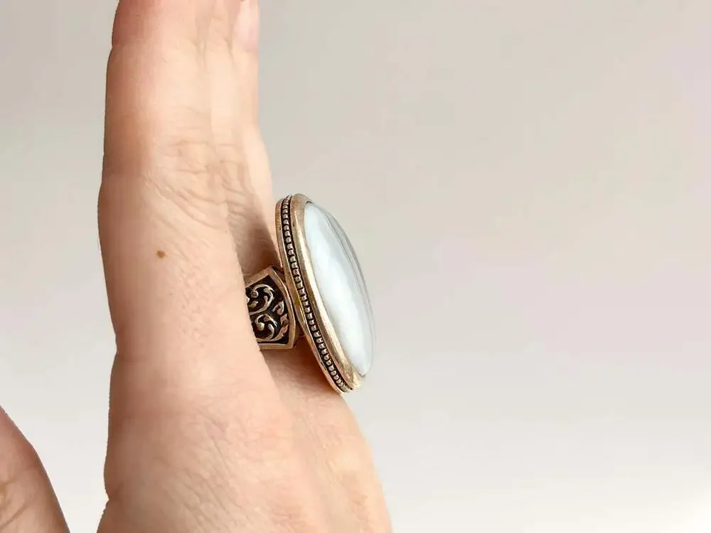Grey Banded Agate Polished Cabochon Gemstone Sterling Silver 925 Vintage Ring -